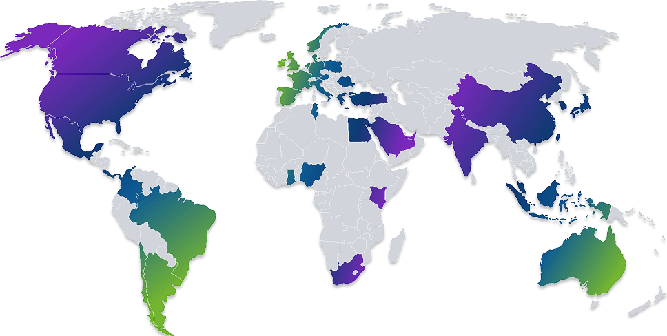 World map with gradient colors showing global reach