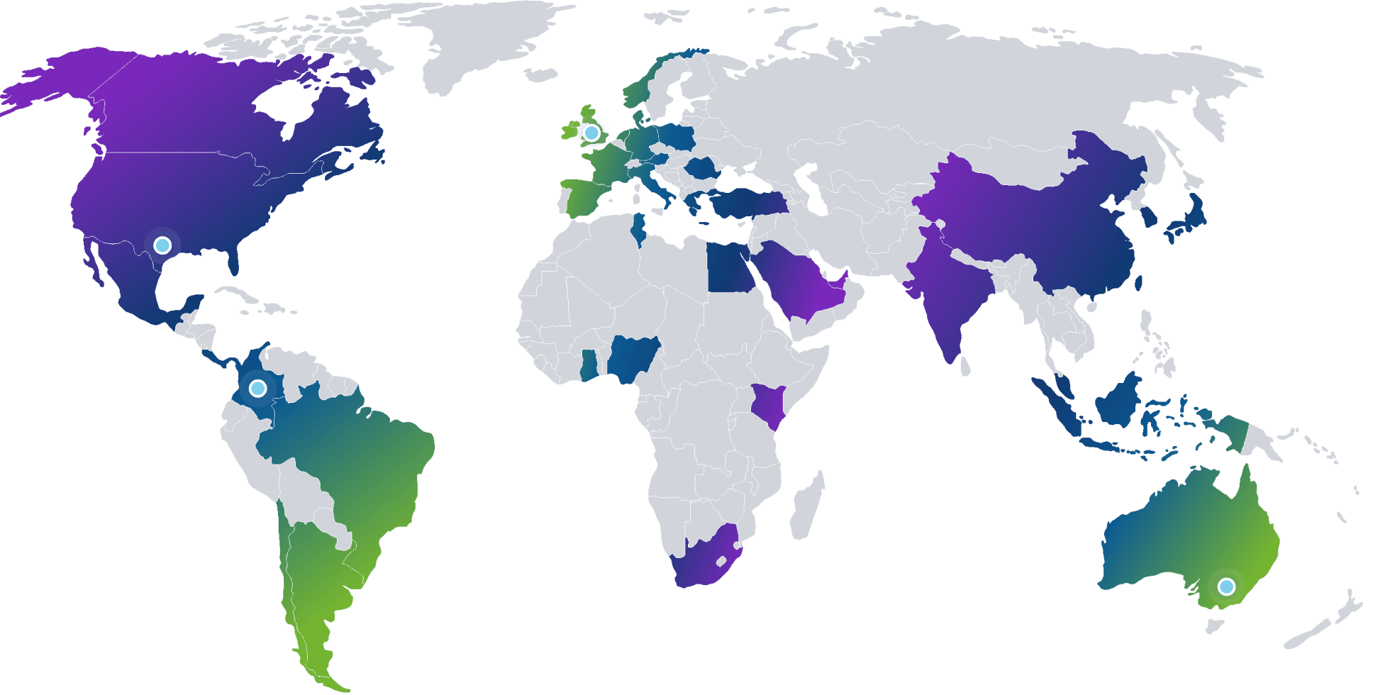 World map with gradient colors showing global reach